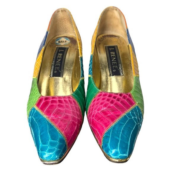 Vintage 80s Multicolor Snake Skin Pointed Toe Pumps 6 - Picture 7 of 11